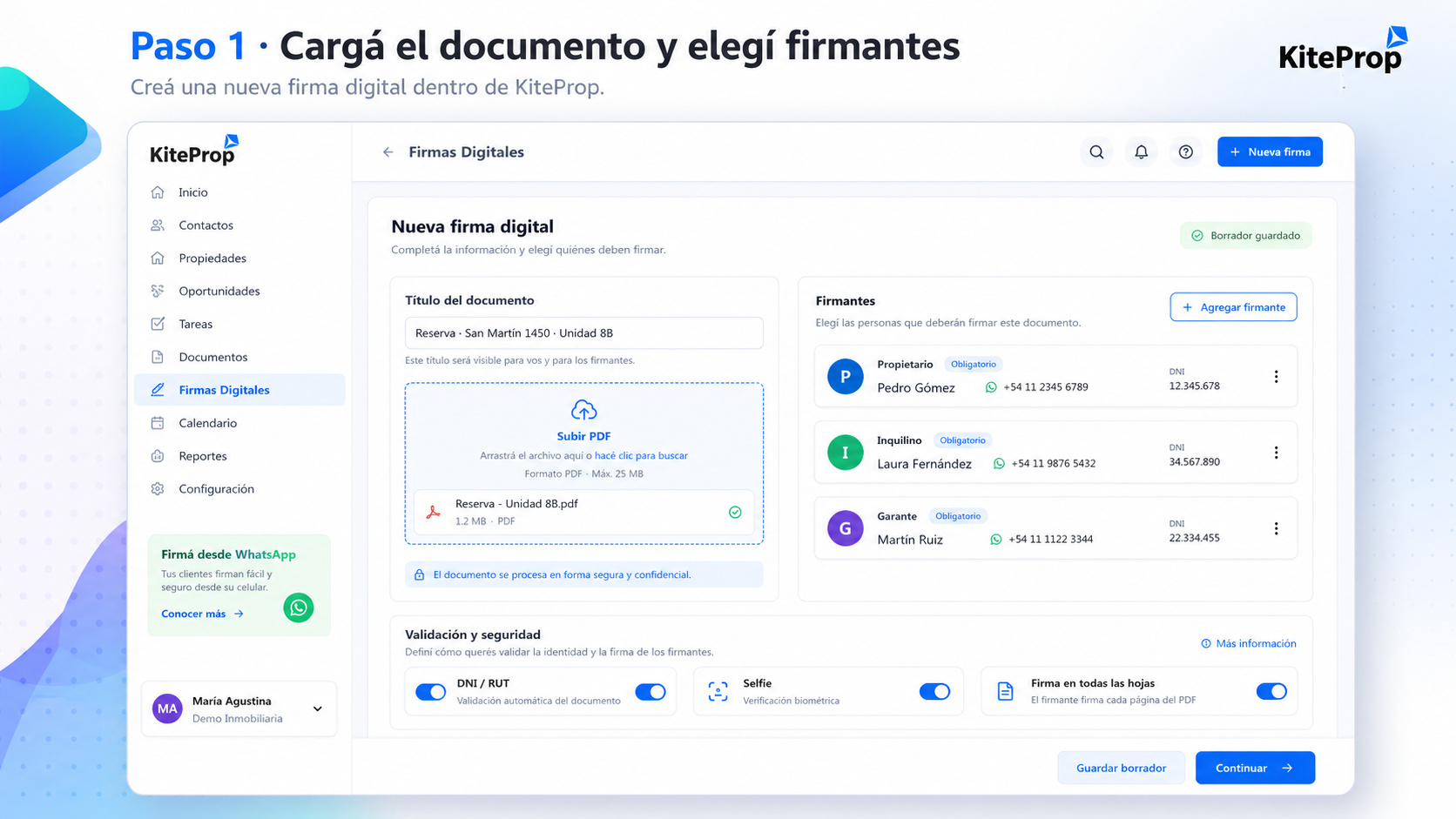 Panel de carga de documento y selección de firmantes en KiteProp Firmas Digitales