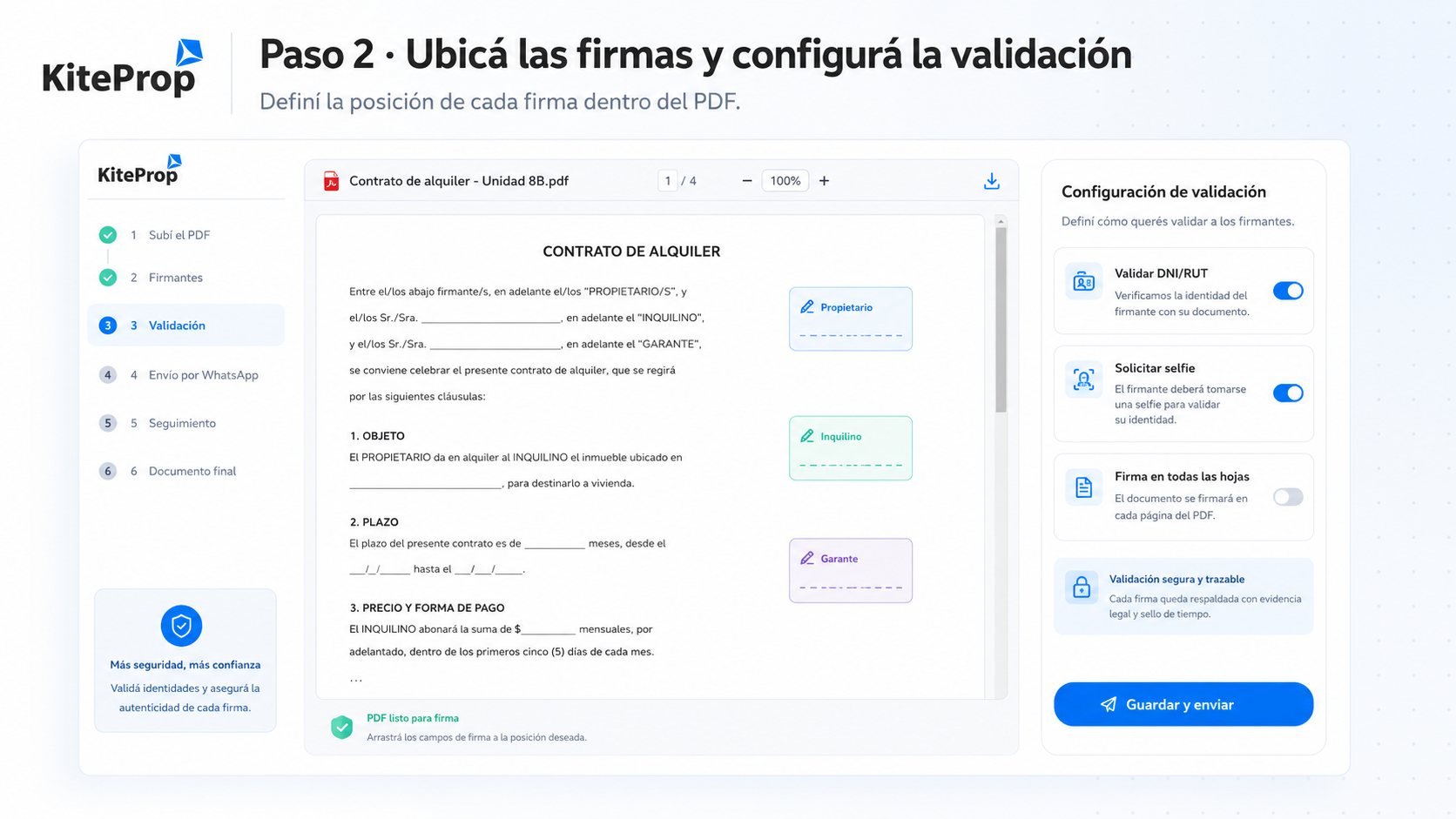 Configuración de validación y posicionamiento de firmas en KiteProp