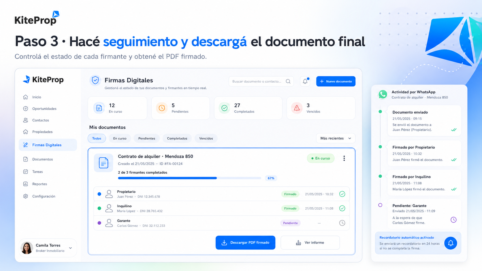 Seguimiento del estado de firmantes y descarga del documento final en KiteProp